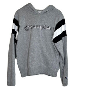 Boys Champion Hoodie Sweatshirt Pullover Large Gray Varsity Stripe Sleeves